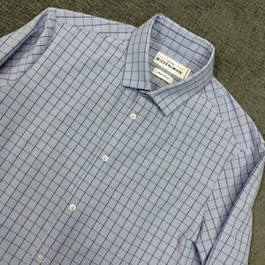 Mizzen + Main Leeward Trim Shirt Fit Mens Medium Blue Orange Plaid Button Down